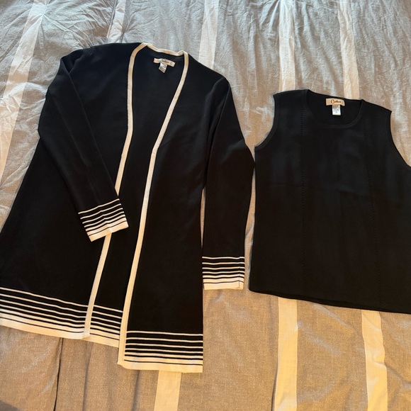 Carducci Sweaters - Carducci Black & White Trim Open-Front Cardigan Set with Sleeveless Tank